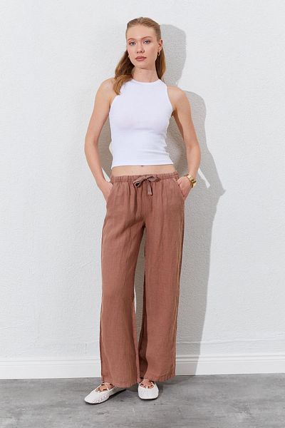 TENA Women's Mink Waist Rope Tied Linen Side Pocket Wide Leg Trousers