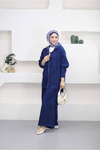 Suede Style 5398 - Rahat Salaş İnce Kadın Kot Kapüşonlu Ceket Pantolon Takımı