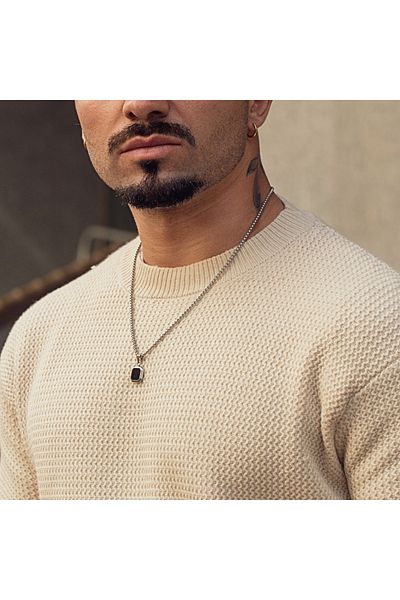GT Collection GT Collection, pánský stříbrný náhrdelník s přívěskem s čtvercovým černým onyxem a energetickými kameny, univerzální velikost