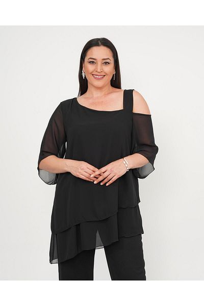 Butik Nilyam Women's Plus Size Chiffon One Shoulder Suspender Detailed Blouse Stretchy Pants Evening Dress Suit 24718