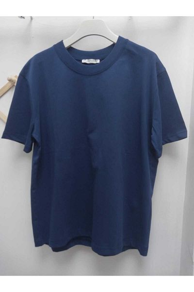 Dilvin 30312 Decorative Stitched Crew Neck Tshirt-Indigo