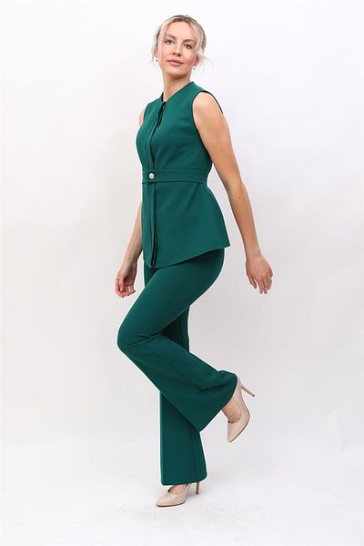 ÖNDER ÖZSOY Crew Neck Belted Vest & Flared Trousers-Emerald