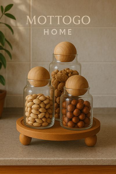 Mottogo Wooden Ball Footed Hollowed Out Stand| Presentation Holder and 3-Piece Glass Jar Set with Wooden Ball Lid