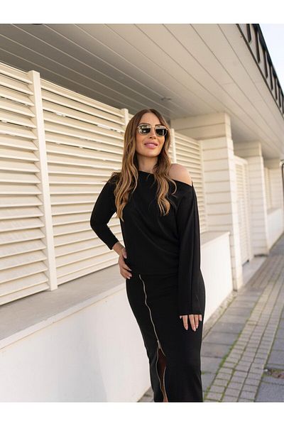 BUKETLİ Skirt Zipper Detailed Boat Neck Bat Long Sleeve Blouse Double Set