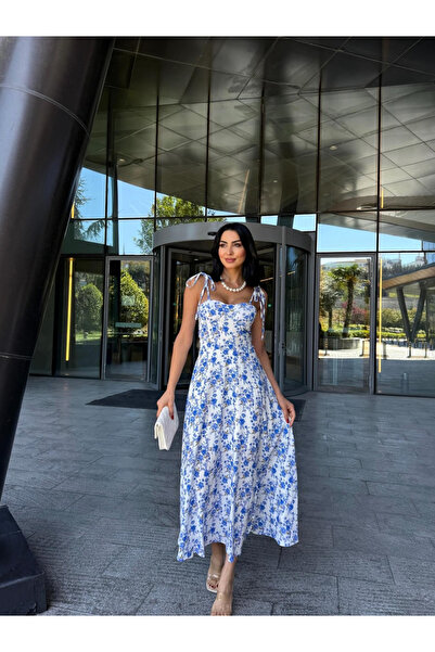 MODA İp Askılı Mavi Çiçekli Yazlık şifon tül elbise