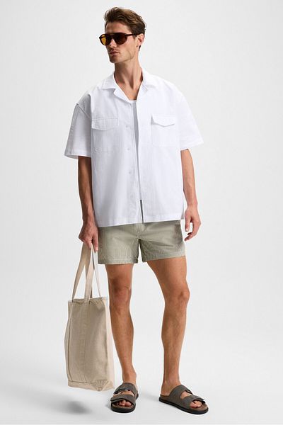 GRIMELANGE Tero Men's 100% Cotton Apaj Collar Short Sleeve Flared Oxford Comfort Fit Hawaiian White Shirt