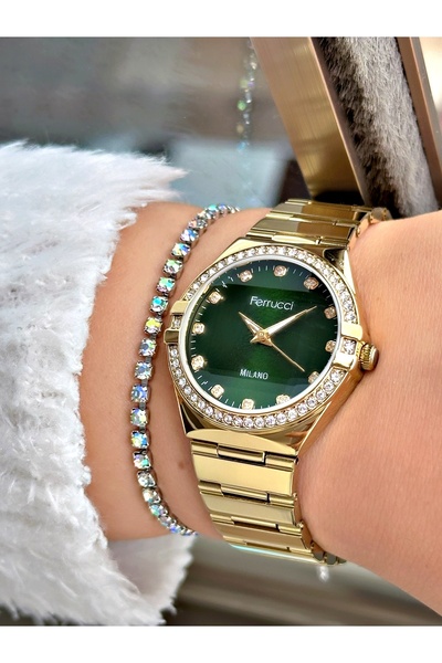 Ferrucci Altın Renk Kesme Cam Taşlı Model Kadın Kol Saati + BİLEKLİK