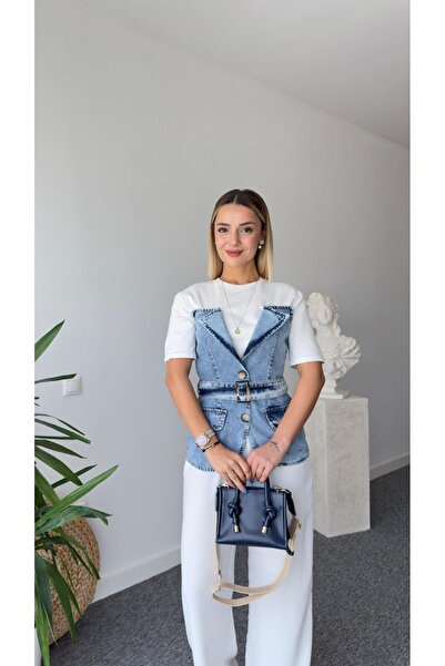 QİMYA BUTİK Women's Denim Vest Sewn Combed Cotton T-Shirt - KEYYMOD