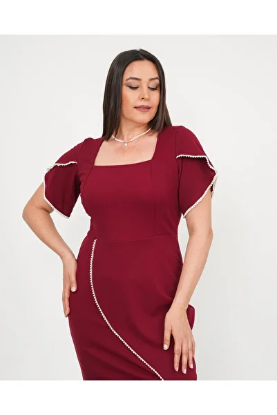 Butik Nilyam Women Plus Size Square Neck Sleeve and Hem Pearl Ribbon Detail Midi Evening Dress 24770