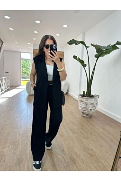 QİMYA BUTİK MAGARDE Women's Mid-Length Belted Vest and Loose Trousers Double Linen Set