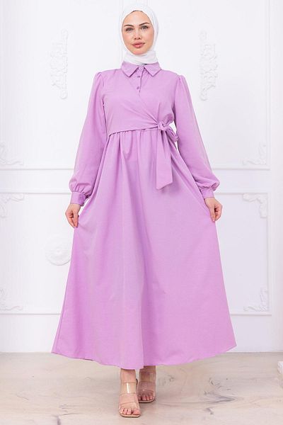 hafsamina Side Tie Hijab Dress Lilac Hm2753