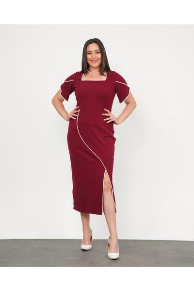 Butik Nilyam Women Plus Size Square Neck Sleeve and Hem Pearl Ribbon Detail Midi Evening Dress 24770