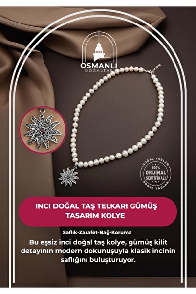 OSMANLI DOĞAL TAŞ Inci Doğal Taş Telkari Gümüş Tasarım Kolye - 54cm