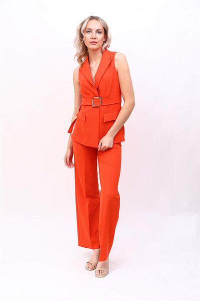 ÖNDER ÖZSOY Belted Classic Vest & Wide Leg Pants Set-Orange