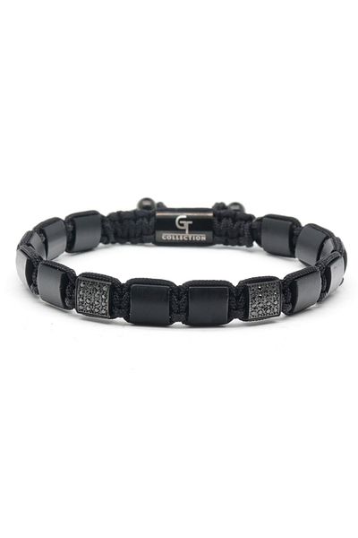 GT Collection Ανδρικό βραχιόλι GT Collection με επίπεδες χάντρες και ενεργειακές πέτρες από ΜΑΥΡΟ ΟΝΥΧΑ, ένα μέγεθος και ρυθμιζόμενο κορδόνι