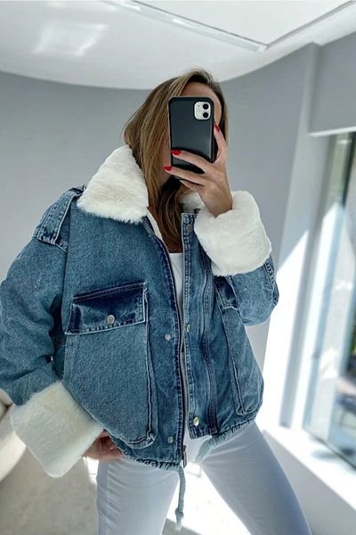SAGİ JEANS Dámský džínový kabát s kožešinovým límcem a rukávy