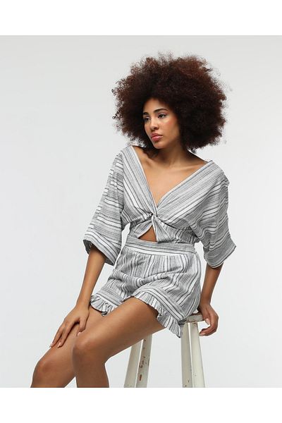 Stil Sepeti Women's Gray V-Neck Short Sleeve Striped Ruffle Detailed Mini Jumpsuit Tll-1000412300