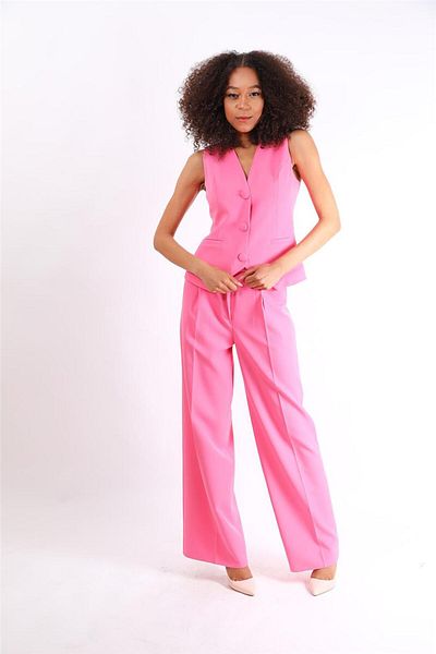 ÖNDER ÖZSOY Classic Vest & High Waist Loose Wide Leg Pants Suit-Pink
