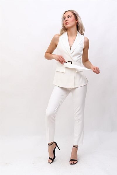 ÖNDER ÖZSOY Belted Classic Vest & Tube Leg Pants Suit-White