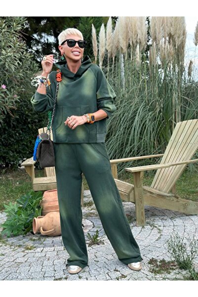 QİMYA BUTİK Exotic Asortic Women's Grinding Pattern Hooded Sweatshirt and Wide Leg Trousers Double Set