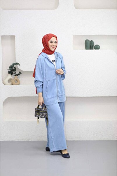 Suede Style 5398 - Rahat Salaş İnce Kadın Kot Kapüşonlu Ceket Pantolon Takımı