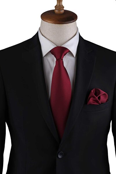 Kravatkolik Claret Red Reps Textured Classic Tie with Plain Handkerchief Kk13180