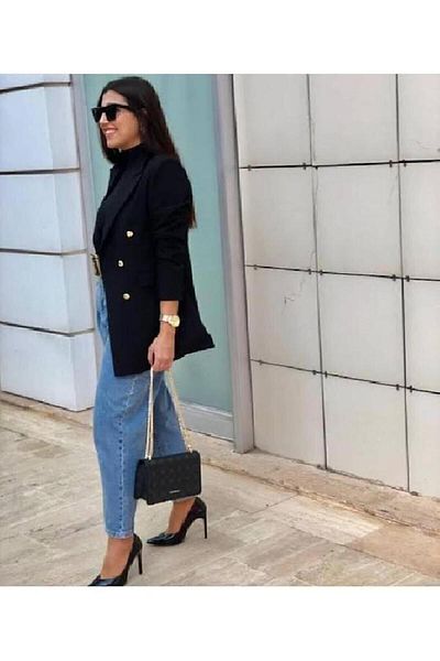 Ashley Plus Size Long Black Blazer Jacket with Gold Buttons