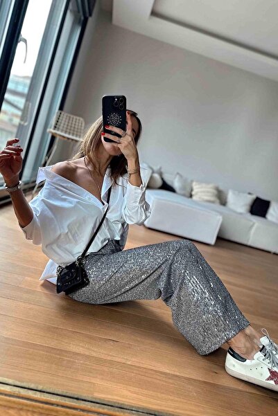 BEBE PLUS Γυναικείο φαρδύ παντελόνι με ελαστική μέση και παγιέτες