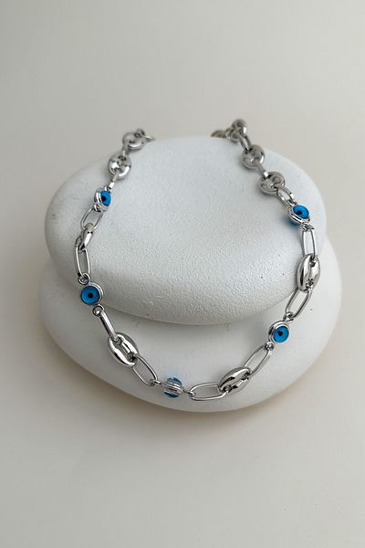 Modex Silver Color Evil Eye Detailed Sailor Necklace (40cm)