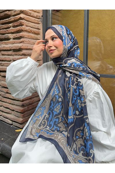 Mira İpek Βαμβακερό σάλι ρετρό μοτίβο Navy Blue Cream