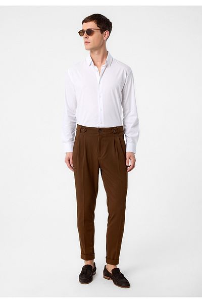 Antioch Light Brown High Waist (BOYFREND) Pleated Fabric Trousers