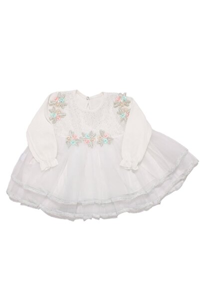bebegen Kız Bebek Beyaz Tüllü Renkli Çiçekli Elbise