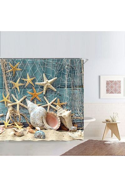 OEM Perdea de duș pentru baie, material PEVA, model scoici oceanice, 180 x 180 cm, 12 inele incluse, bucata