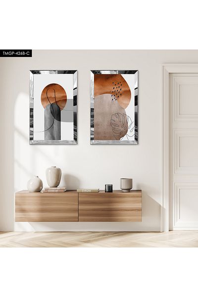 Zevahir Mobilya Dekorasyon SET DE TABLĂ MDF BINARĂ CU FORME ABSTRACTE MARO ȘI GRI CU CADRU DE PLEXY CU OZAR SILVER