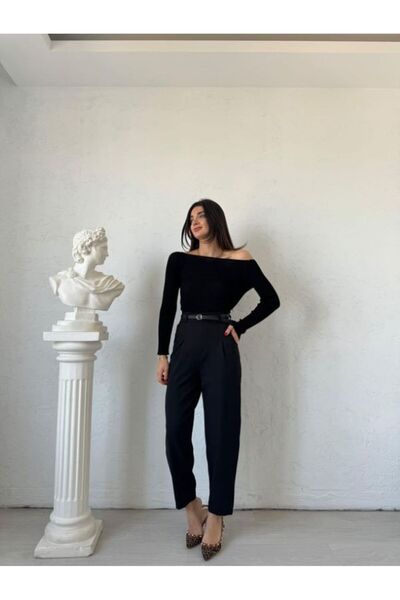 QİMYA BUTİK Pantaloni subțiri de damă Neșem din stofă - Buzunar lateral plisa...