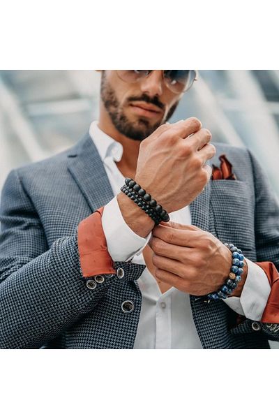 GT Collection Ανδρικό βραχιόλι GT Collection με διπλές χάντρες και ενεργειακές πέτρες ΜΑΥΡΟΥ ΟΝΥΧΑ, ένα μέγεθος και ρυθμιζόμενο κορδόνι