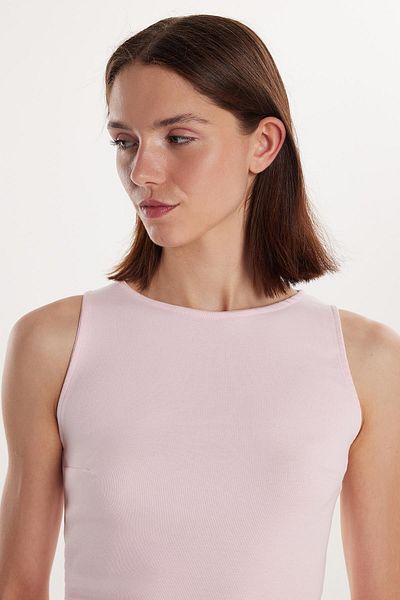 Tudors Bluză de damă din țesătură modală, slim fit, cu decolteu rotund, uni, de bază, roz