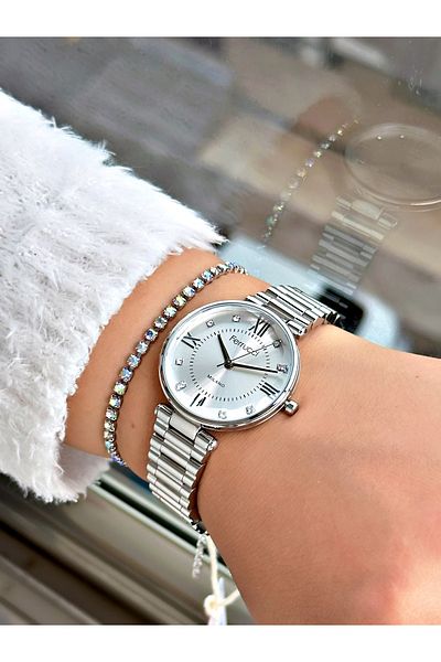 Ferrucci Silver Color Plain Model Roman Numeral Steel Cord Women's Wristwatch + Bracelet