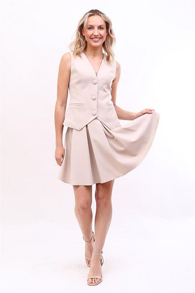 ÖNDER ÖZSOY Classic Vest & Short Flared Skirt Suit-Beige
