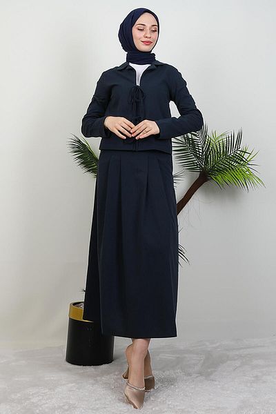 GİYZAMİLA Μπουφάν Λινό Διπλό Σετ Navy Blue
