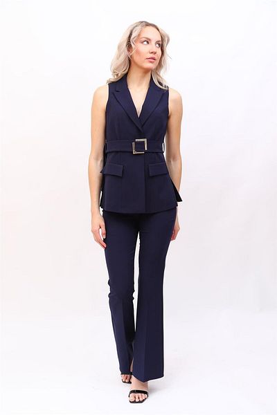 ÖNDER ÖZSOY Belted Classic Vest & Flared Trousers Set-Navy
