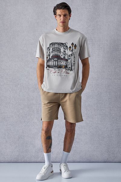 GRIMELANGE Boheme Men's Oversize Fit Beige T-Shirt