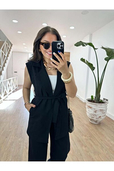 QİMYA BUTİK MAGARDE Women's Mid-Length Belted Vest and Loose Trousers Double Linen Set