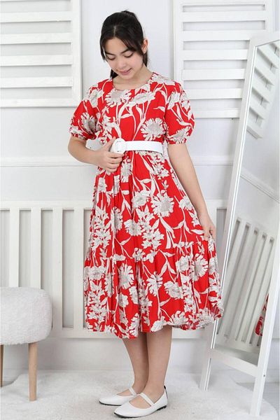 ARBİ kids Girl's Red Floral Patterned Wrapted Fabric Summer Long Eid Dress