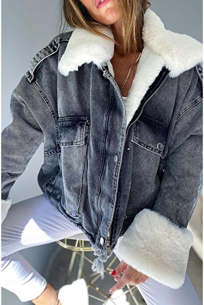 SAGİ JEANS Γυναικείο τζιν μαύρο παλτό με λευκή γούνα