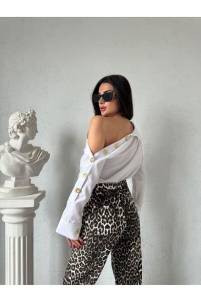 QİMYA BUTİK Cămașă din bumbac, cu tăietură supradimensionată, scurtă, detaliată cu nasturi, cu guler jos sau în picioare Miss Neşem