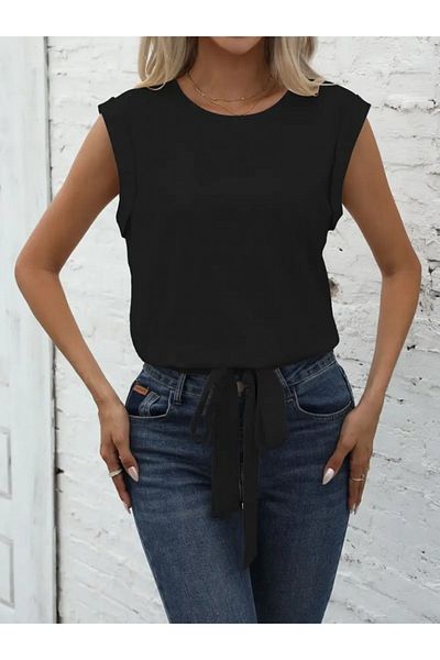 MRA Fashion Women's Zero Sleeve Skirt Tie Detail Imported Crepe Blouse
