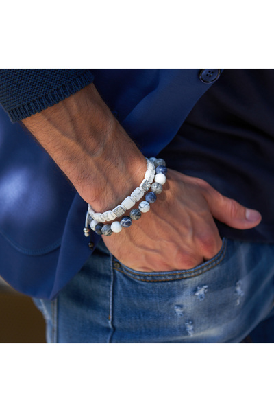 GT Collection Βραχιόλι GT Collection για άνδρες με επίπεδες χάντρες και ΛΕΥΚΕΣ ενεργειακές πέτρες HOWLITE, ένα μέγεθος και ρυθμιζόμενο κορδόνι