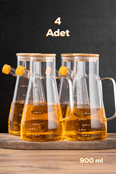 Porsima 401275 4'lü Alisa Bambu Kapaklı Borosilikat Ölçekli Cam Yağlık Yağdan...