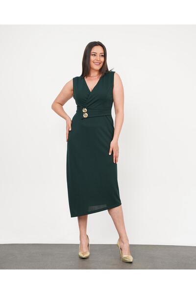 Butik Nilyam Women Plus Size Double Breasted Collar Zero Sleeve Two Button Detail Midi Stretchy Evening Dress 24772